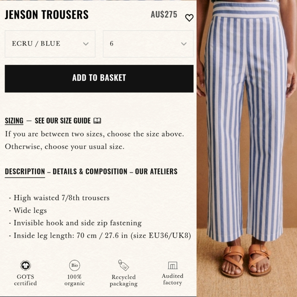 Sezane Jenson Trousers Stripped High Waisted Pants - Picture 3 of 9